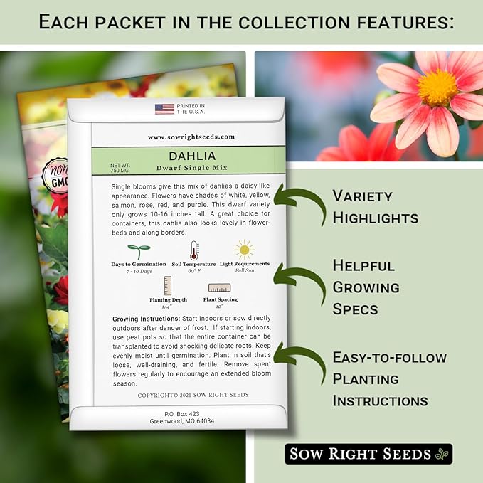 Sow Right Seeds - Dwarf Flower Seed Collection for Planting - Individual Packets of Zinnia Thumbelina, White Linen Poppy, Tetra Snapdragon, Dwarf Dahlia, and Sparky Marigold Non-GMO Heirloom Seeds