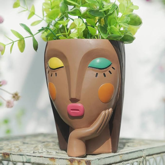 Face Planter Pots for Indoor Plants, Resin Head Planter Succulent Planter Flower Planter Cute Girl Head Pots with Drainage Hole - Painted Thinking Girl Closed Eyes
