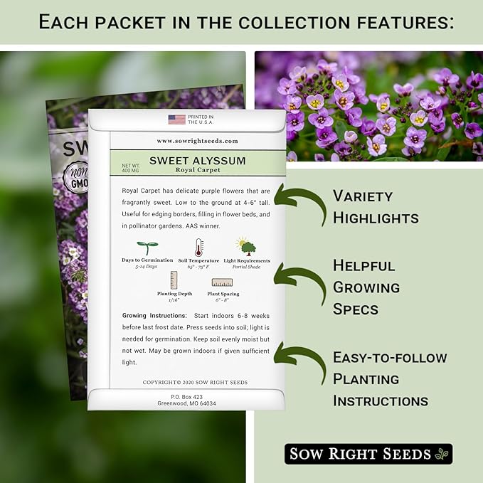 Sow Right Seeds - Sweet Alyssum Flower Seed Collection for Planting - Royal Carpet & Carpet of Snow - Non-GMO Heirloom Packet with Instructions to Plant in Home Garden - Groundcover with Tiny Blooms