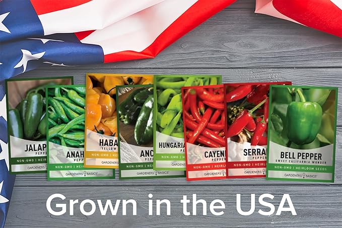 Gardeners Basics, Pepper Seeds for Planting 8 Varieties Pack, Jalapeno, Habanero, Bell Pepper, Cayenne, Hungarian Hot Wax, Anaheim, Serrano, Cubanelle Heirloom Seeds for Planting in Garden Non GMO