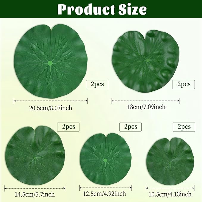 10Pcs Floating Lily Pads for Ponds, 5 Sizes Fake Lily Pads, Artificial Lily Pads for Ponds, Realistic Lotus Leaves Decorative, EVA Foam Lily Pads for Pool Fountain Garden Aquarium Decor