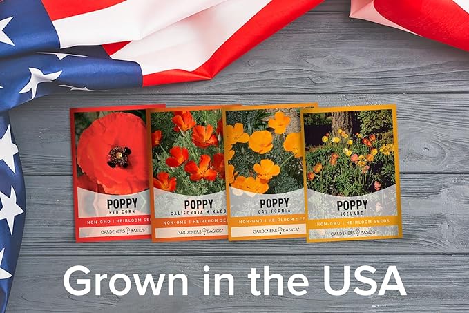 Poppy Seeds for Planting Outdoors Flower Seeds (4 Variety Pack) Poppies Iceland, California, California Mikado and Red Corn Varieties for Bees, Pollinators Wildflower Seed by Gardeners Basics