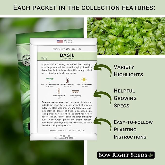 Sow Right Seeds - Basil Seed Collection for Planting - Non-GMO Heirloom Varieties for Indoor & Outdoor Gardens - Genovese, Thai & Opal - Great for Hydroponics Growing - Ideal Gardening Gift
