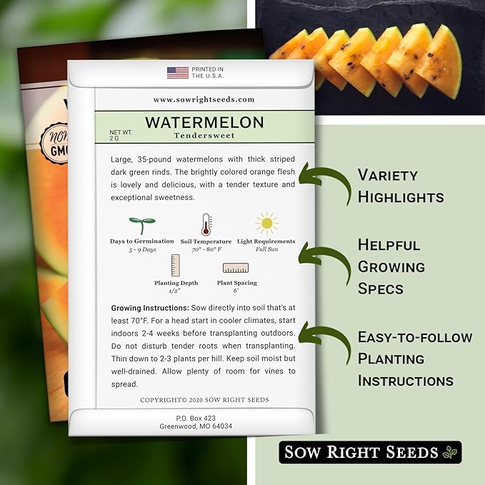 Sow Right Seeds - Tendersweet Watermelon Seeds for Planting - Non-GMO Heirloom Seeds to Plant a Home Vegetable Garden - Unique Orange Flesh Melon - Sweet Summer Treat to Grow Outdoors (1)