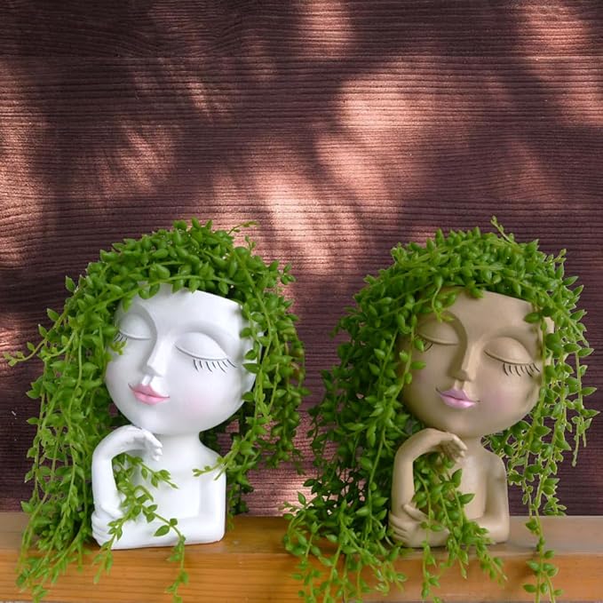 Face Planters Pots Head Planter, Plant Pots with Heads for Plants, Lady Statue Plant Pot, Unique Flower Pots with Drainage, Thinking Women Statue, Boho Vase, Cute Vases Home Decor Gift (7 Inch Khaki)