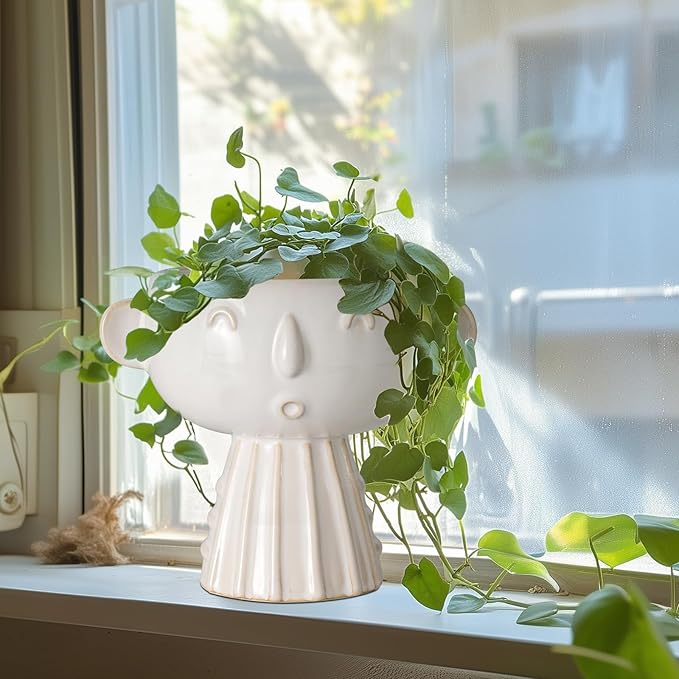 Face Planter Pot 7 Inch - Cute Ceramic Flower Head Planter for Indoor Outdoor Succulent Pot with Drainage Hole Flower Pot Present for Mother Christmas White