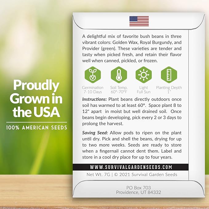 Survival Garden Seeds - Tri-Color Bean Seed for Planting - 2 Packs with Instructions to Plant and Grow Yellow, Purple, and Green Bush Beans in Your Home Vegetable Garden - Non-GMO Heirloom Variety