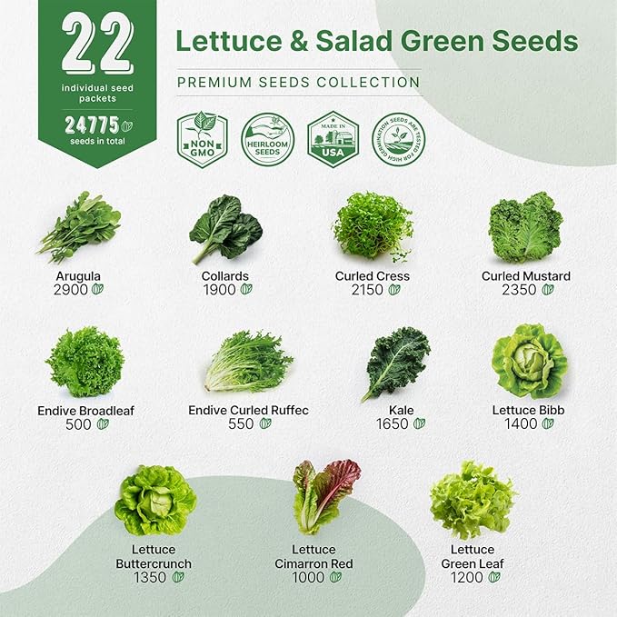 22 Lettuce & Salad Greens Seeds Variety Pack 24,700+ Non-GMO Heirloom Lettuce Seeds for Indoors & Outdoors Garden, Hydroponics, Aerogarden - Arugula, Kale, Spinach, Swiss Chard, Lettuce