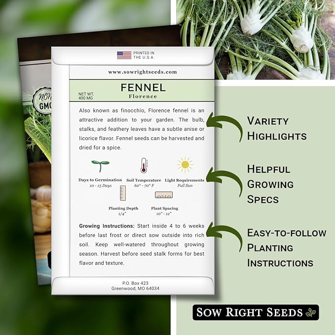 Sow Right Seeds - Florence Fennel Seed for Planting - Non-GMO Heirloom Packet with Instructions to Plant and Grow in Your Herbal Garden - Great for Seasoning and Cooking - Attract Pollinators (2)