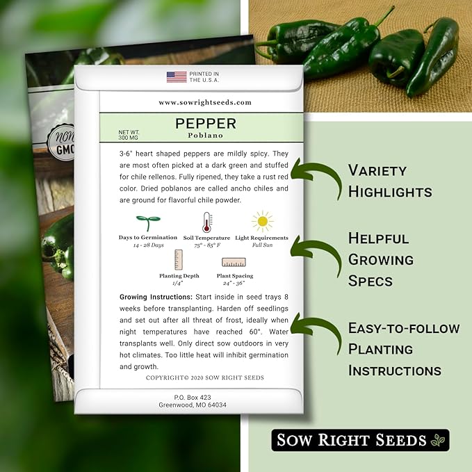 Sow Right Seeds - Poblano Pepper Seeds for Planting - Non-GMO Heirloom Packet with Instructions to Plant a Home Vegetable Garden - Hot Ancho Chile Variety to Grow, Spicy and Abundant (4)