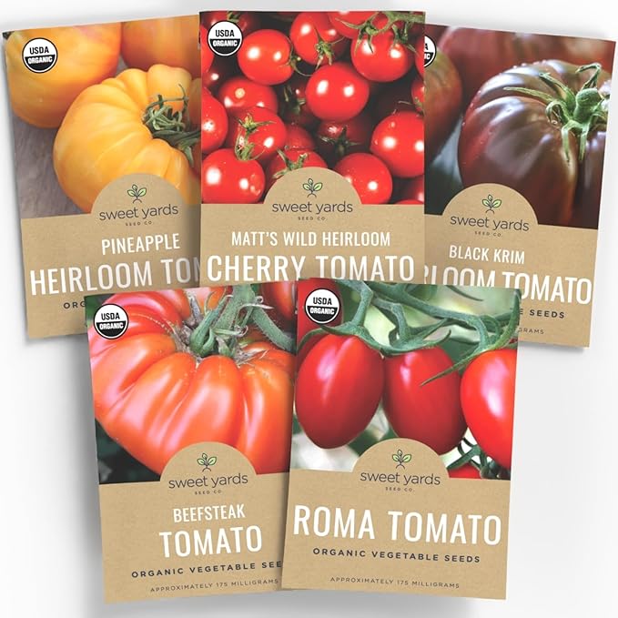 Organic Tomato Seeds Variety Pack - 5 Individual Packs - 2025 Season - Roma, Beefsteak, Cherry, Black Krim & Pineapple. for Indoor & Outdoor Planting (Non-GMO, Certified Organic)