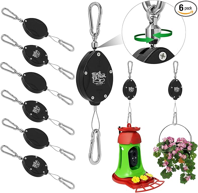 Plant Pulleys for Hanging Plants, Heavy Duty Retractable Hangers, 304 Stainless Steel Rope, Auto Plant Holder, Adjustable Climbing Hook for Garden Baskets Watering, or Bird Feeders (Black-6)