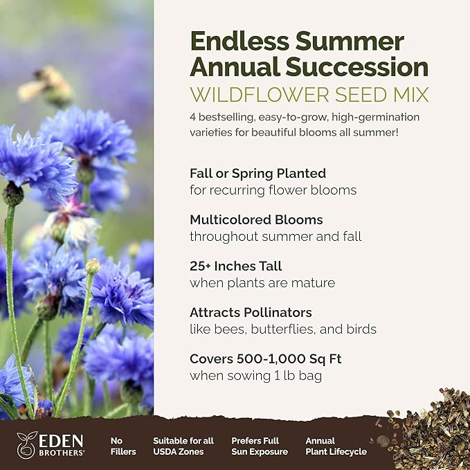 Eden Brothers Endless Summer Annual Succession Flower Mixed Seeds for Planting, 1 lb, 480,000+ Seeds with Cosmos | Attracts Pollinators, Plant in Spring or Fall, Zones 3, 4, 5, 6, 7, 8, 9, 10