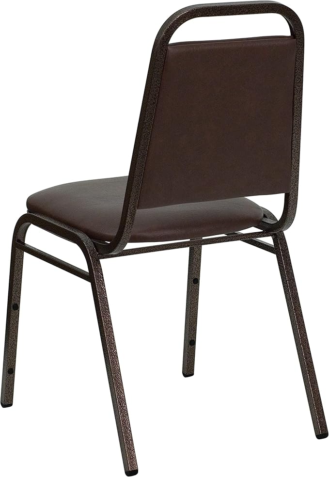 EMMA + OLIVER Trapezoidal Back Vinyl Stackable Banquet Chair, Multipurpose Stacking Chair with Padded Seat and Back, Brown/Copper