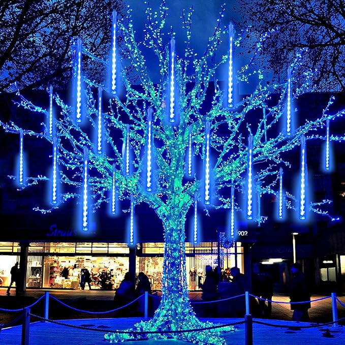 EXF 2-Pack Christmas Decorations Light Outdoor, Meteor Shower Lights 16 Tubes 384 LEDs Indoor Outdoor Rain Drop String Lights for Xmas Tree Roof (Blue)