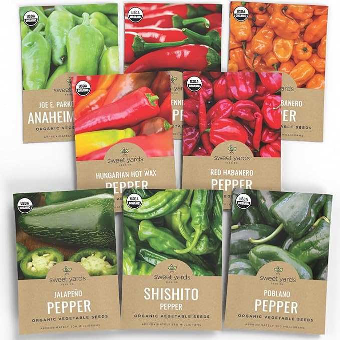 Organic Hot Pepper Seeds Variety Pack - 8 Individual Packs - 2025 Season - Habanero, Jalapeno, Cayenne, Anaheim and More! for Indoor & Outdoor Planting (Non-GMO, Certified Organic)