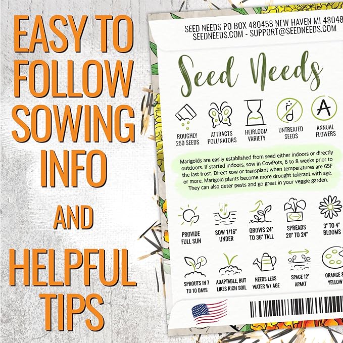 Seed Needs Crackerjack Marigold Seeds for Planting - Heirloom & Open Pollinated Annual Flowers - Plant a Butterfly Garden to Attract Pollinators (5 Packs (1,250 Seeds))