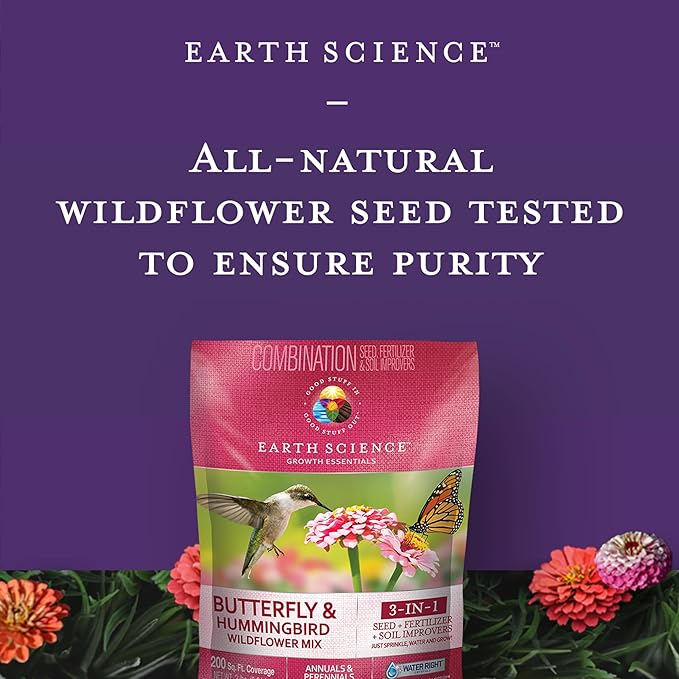 Earth Science 6 lb Wildflower Butterfly & Hummingbird Mix, 3-in-1 Premium Wildflower Seed, Plant Food and Soil Conditioners, Non-GMO for Bees, Hummingbirds, Butterflies, Pollinators