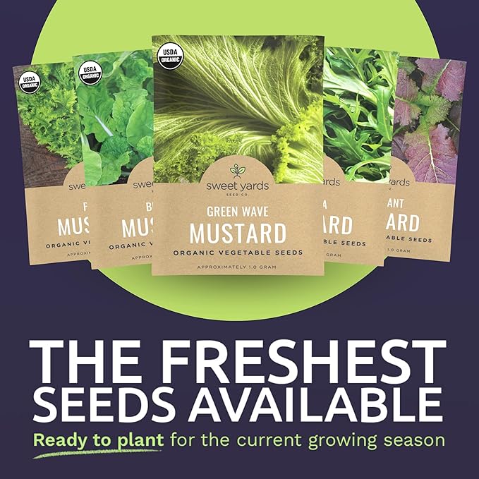 Organic Mustard Green Seeds Variety Pack - 5 Individual Packs - 2025 Season - Mizuna, Pizzo, Bekana, Red Giant and Green Wave! for Indoor & Outdoor Planting (Non-GMO, Certified Organic)