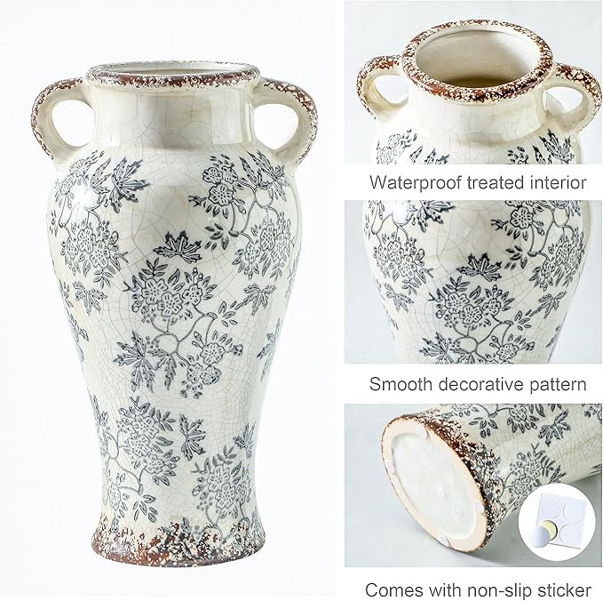 Enra Vintage vase with Handle,12.6 inch Blue and White Ceramic Decorative Flower vase, Chinoiserie Floral Vase,Large Rustic Vases for Home Decors, Living Room, Bookshelf, Office