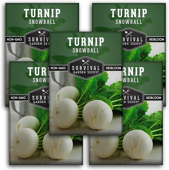 Survival Garden Seeds - Turnip Snowball Seed for Planting - 5 Packs with Instructions to Plant and Grow Root Vegetables and Greens in Your Home Vegetable Garden - Non-GMO Heirloom Variety - Fall Seeds