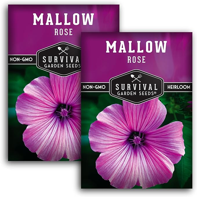 Survival Garden Seeds - Rose Mallow Seed for Planting - 2 Packs with Instructions to Plant and Grow Bright Pink Native Wildflower in Your Home Vegetable Garden - Non-GMO Heirloom Variety