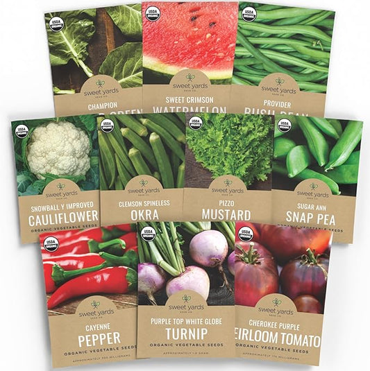 Organic Southern Garden Seeds Variety Pack - 10 Individual Packs - 2025 Season - Sugar Ann Snap Pea, Sweet Crimson Watermelon and More! for Indoor & Outdoor Planting (Non-GMO, Certified Organic)