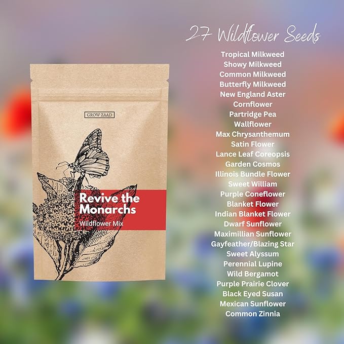 12,000+ Seeds - Protect Monarch Butterflies Wildflower Mix - 27 Wild Flower Varieties - Pollinator - Perennial & Annual Flowers Milkweed, WallFlower, Zinnia - Planting Outdoors Spring, Fall