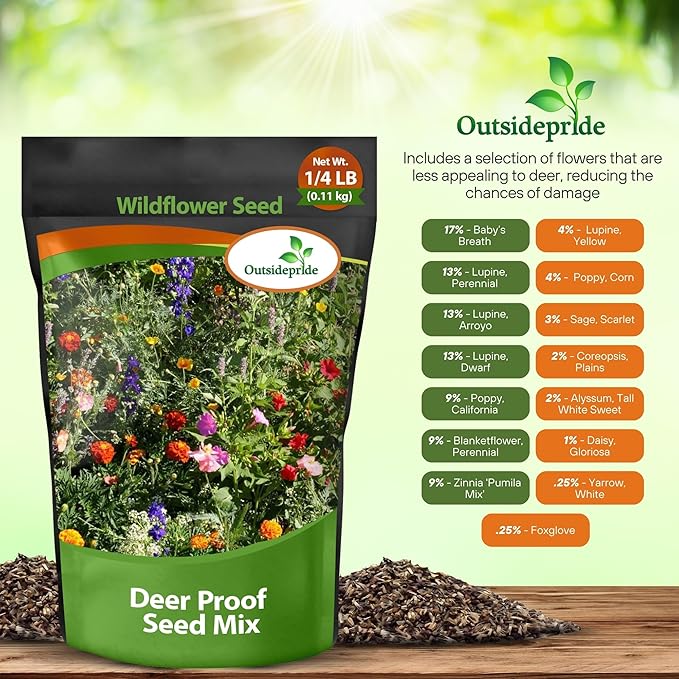 Outsidepride Deer Proof Wildflower Seed Mix - 1/4 lbs. Colorful Blend of Easy to Grow, Drought-Tolerant Annual & Perennial Wildflower Seeds for a Deer-Free,Vibrant Meadow & Pollinator-Friendly Garden