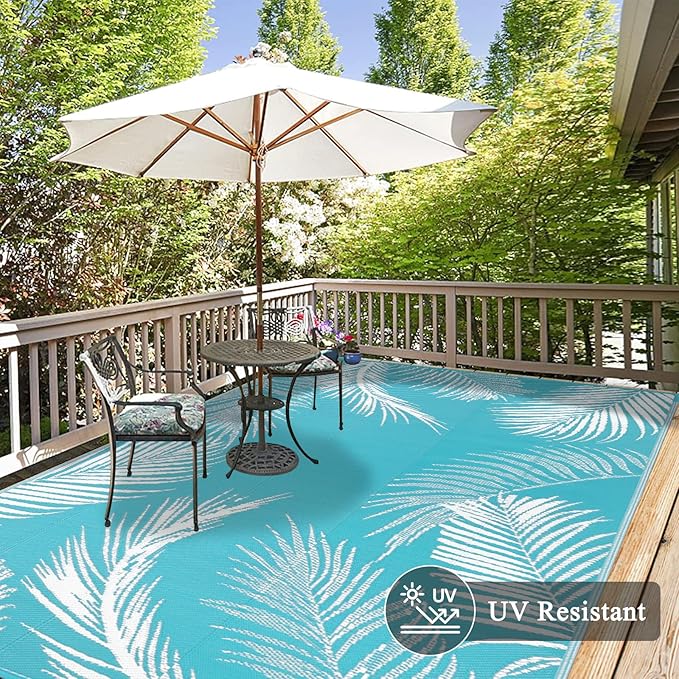 Pauwer Waterproof Outdoor Rug 8x10, Reversible Plastic Straw Patio Camping Rug, Indoor Outdoor RV Mat Carpet for Deck, Camper, Porch, Balcony, Backyard, Picnic, Leaf Teal