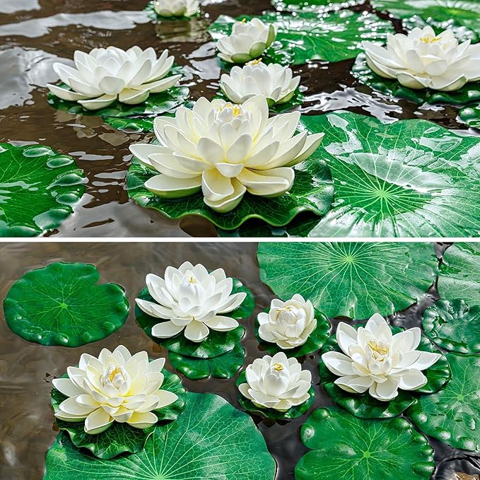 Lily Pad for Ponds, 9 PCS Artificial Lotus, Realistic Water Floating Foam Lotuses Fake Lily Pad for Home Garden Patio Pond