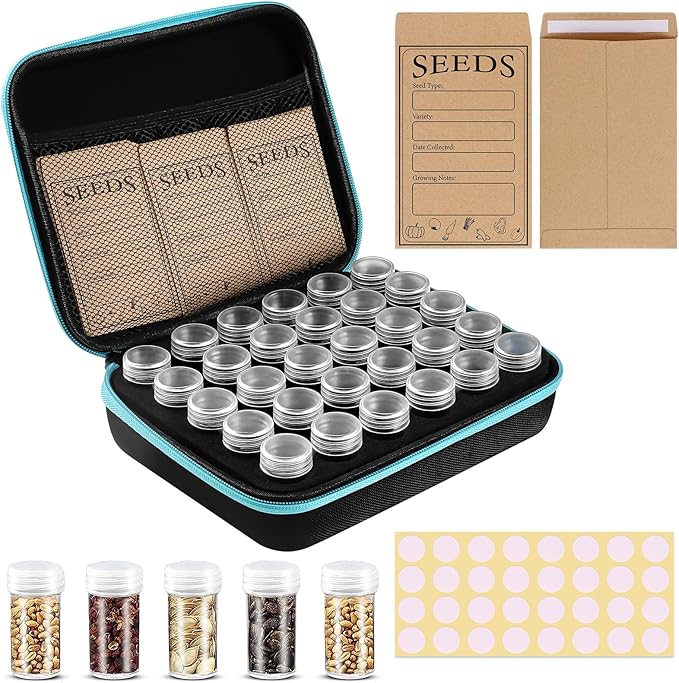 30 Slots Seed Storage Organizer with 20 Seed Envelopes, Sturdy Seed Organizer Storage Box with Zipper Bag Label Stickers(Seeds not Included), Seed Storage Container for Flower Plants Garden