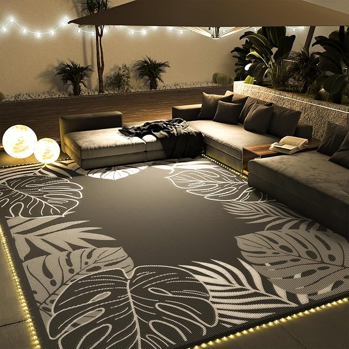 COCOER Tropical Outdoor Rug 8x10 LED Reversible-Waterproof Patio Rug-Quick Dry Outdoor Carpet-Outdoor Area Rugs Indoor Outdoor Rugs-Outside Rug Patio Decor for Porch Deck Balcony Backyard