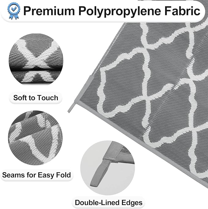 OutdoorLines Outdoor Plastic Area Rugs for Patio 5x8 ft - Reversible Outside Carpet, Stain & UV Resistant RV Mats, Straw Rug for Camping, Deck Garden, Porch and Balcony, Moroccan Grey & Light Grey