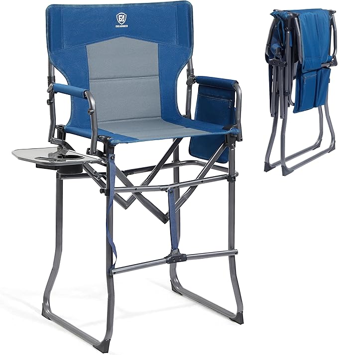 EVER ADVANCED Portable 30.7" Seat Height Tall Folding Chair Directors Chair High Foldable Bar Stool with Side Table for Makeup Artist, Camping, Sports Event, Craft Show, Supports 350LBS Blue Grey