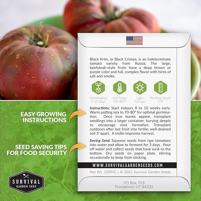 Survival Garden Seeds - Black Krim Tomato Seed for Planting - 2 Packets with Instructions to Plant & Grow Delicious Fresh Slicing Tomatoes in Your Home Vegetable Garden - Non-GMO Heirloom Variety