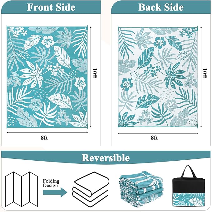 Pauwer Waterproof Outdoor Rug 8x10, Reversible Plastic Straw Patio Camping Rug, Indoor Outdoor RV Mat Carpet for Deck, Camper, Porch, Balcony, Backyard, Picnic, Floral Teal