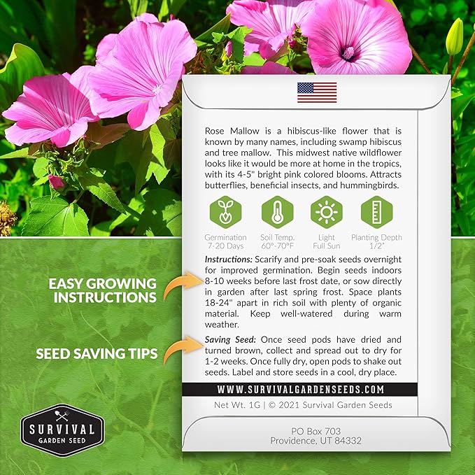 Survival Garden Seeds - Rose Mallow Seed for Planting - 2 Packs with Instructions to Plant and Grow Bright Pink Native Wildflower in Your Home Vegetable Garden - Non-GMO Heirloom Variety