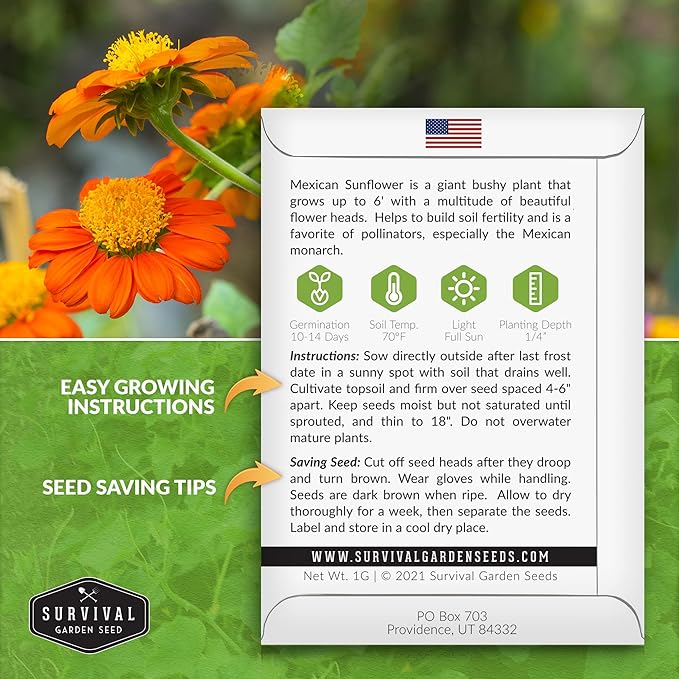 Survival Garden Seeds 3 Packs Mexican Sunflower Seed for Planting - Instructions to Plant and Grow Tithonia Rotundifolia in Your Home Vegetable or Flower Garden - Non-GMO Heirloom Variety