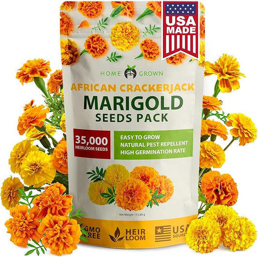 HOME GROWN Crackerjack Marigold Seeds | 4.25oz / 35,000 Flower Seeds Planting Outdoor | Large Bulk Pack | Non-GMO, High Germination, USA Sourced Wildflower Seeds | Companion Planting