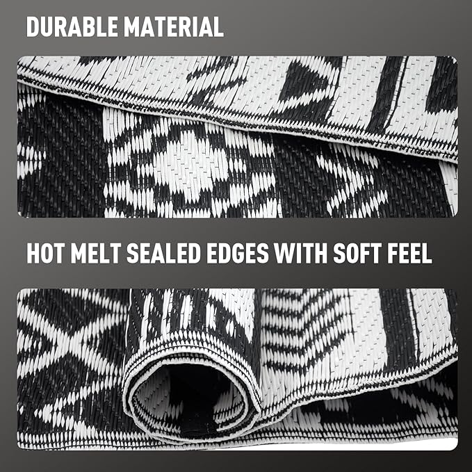 WILDROOTS 6x9 Feet Black and White Plastic Outdoor Rug, Stain Resistant Waterproof Reversible Outdoor Patio Rug, Fade Resistant Camping Rug