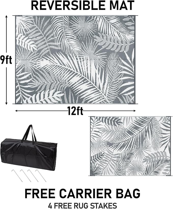 HiiARug Outdoor Reversible Plastic Straw Rug, 9'x12', Cool Gray, Large Patio Mat for RV, Backyard, Deck, Picnic, Beach, Trailer, Camping