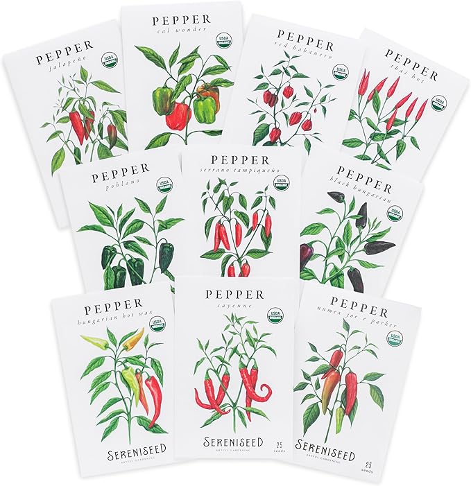 Sereniseed Certified Organic Hot Pepper Seeds (10-Pack) – Non GMO, Open Pollinated – Jalapeño, Cal Wonder, Black Hungarian, Serrano, Thai Hot, Red Habanero, Poblano, Cayenne and More