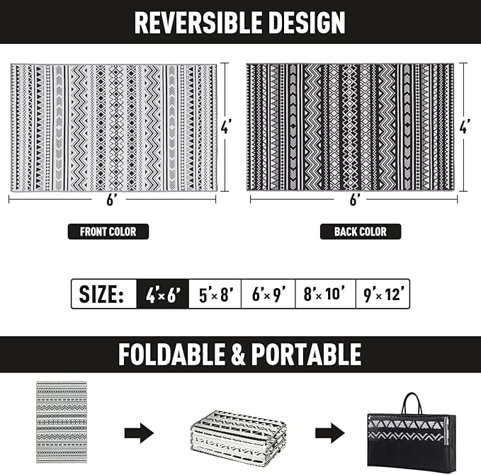 WILDROOTS 5x8 Feet Black and White Plastic Outdoor Rug, Stain Resistant Waterproof Reversible Outdoor Patio Rug, Fade Resistant Camping Rug