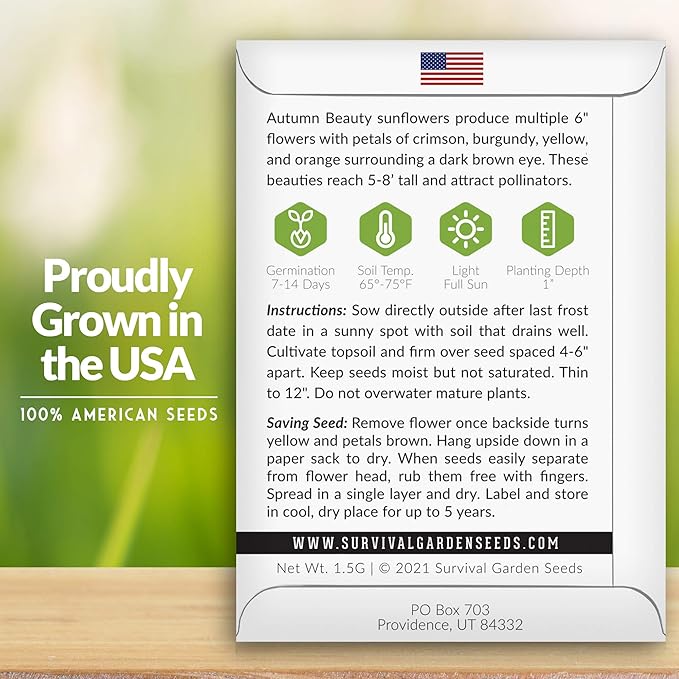 Survival Garden Seeds - Autumn Beauty Sunflower Seed for Planting - Packet with Instructions to Plant and Grow Beautiful and Colorful Flowers in Your Home Vegetable Garden - Non-GMO Heirloom Variety