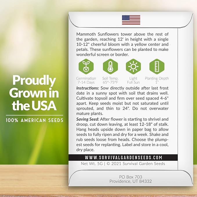 Survival Garden Seeds - Mammoth Sunflower Seed for Planting - 5 Packs with Instructions to Plant and Grow Enormous Colorful Flowers in Your Home Flower or Vegetable Garden - Non-GMO Heirloom Variety