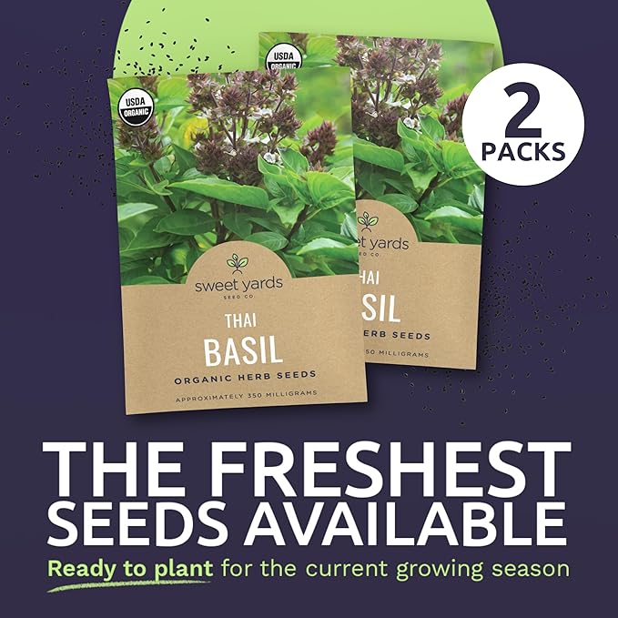 Organic Thai Basil Seeds – Seed Packet of Over 350 Open Pollinated Non-GMO Seeds – Sweet Yards Seed Co.