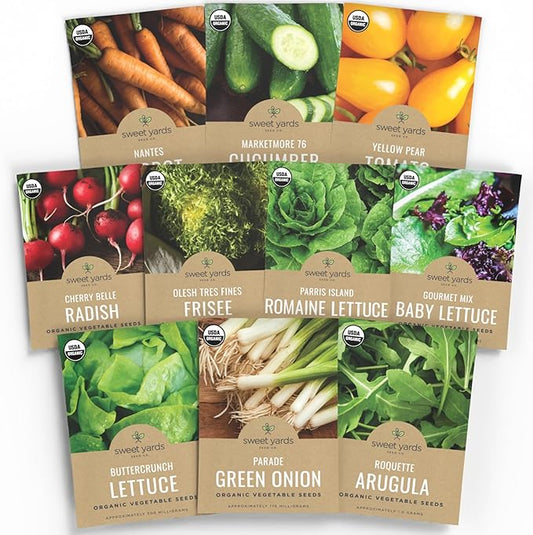 Organic Salad Lover Seeds Variety Pack - 10 Individual Packs - 2025 Season - Yellow Pear Tomato, Buttercrunch Lettuce and More! for Indoor & Outdoor Planting (Non-GMO, Certified Organic)