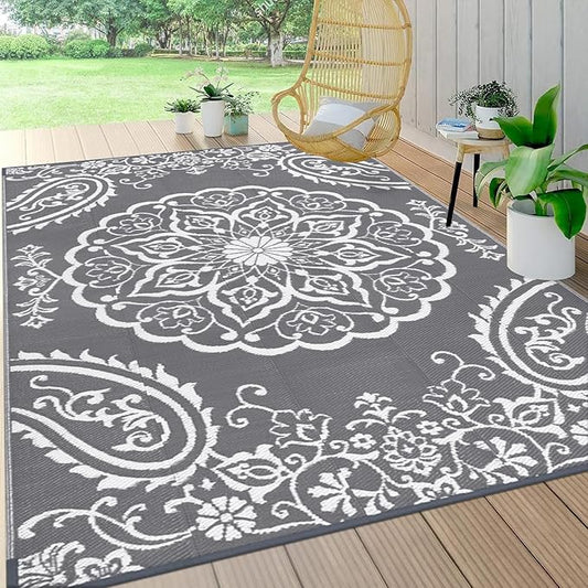 Pauwer Waterproof Outdoor Rug 6x9, Reversible Plastic Straw Patio Camping Rug, Indoor Outdoor RV Mat Carpet for Deck, Camper, Porch, Balcony, Backyard, Picnic, Boho Grey