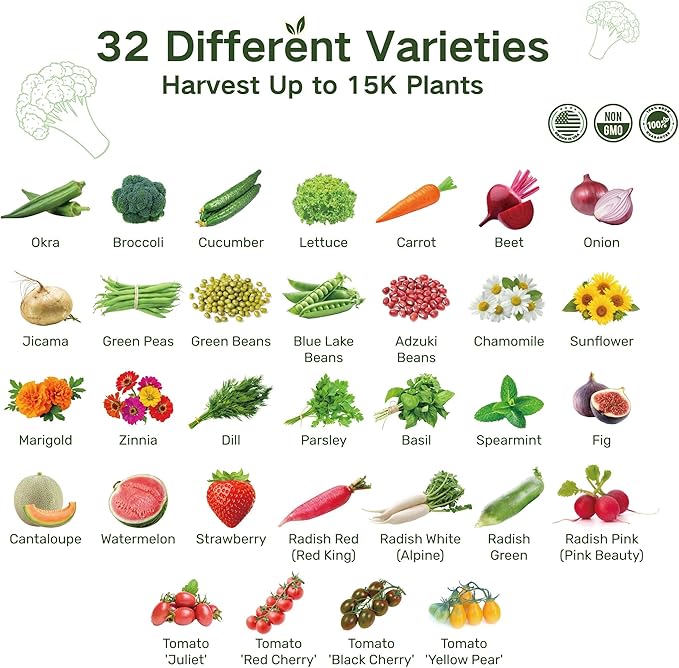 Lush&Dew Raised Garden Bed Seed Bank, 32 Varieties Non-GMO Seeds of Vegetables, Herbs, Flowers, Fruits, Gardening Gifts, Emergency Supplies, Survival Gear Food